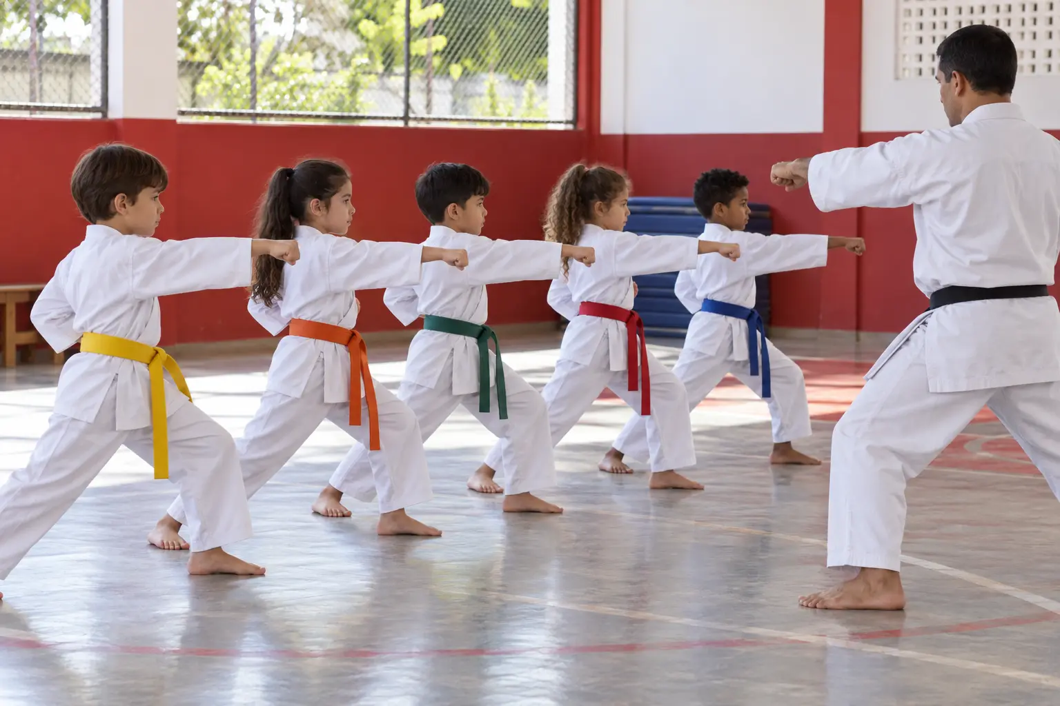 Crianças de quimono em aula de karatê na quadra