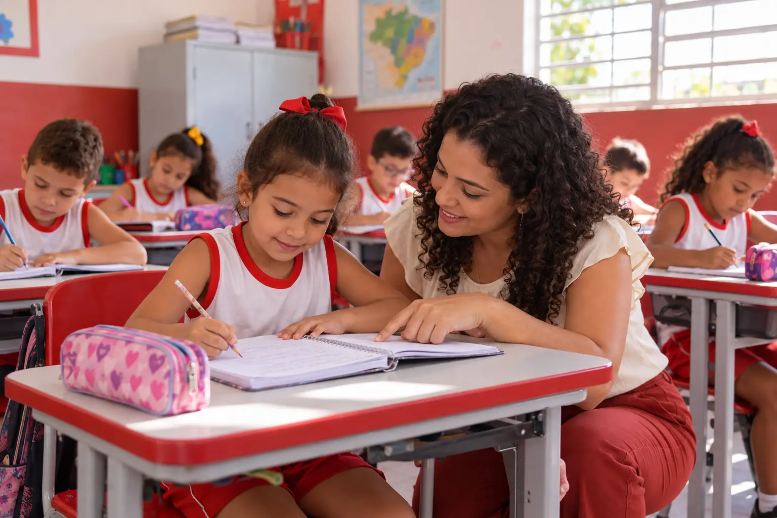 Professora ajudando uma aluna de farda branca e vermelha na atividade do caderno